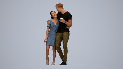 realistic 3D human woman casual couple, archviz people FBX OBJ for Blender, top-down view render