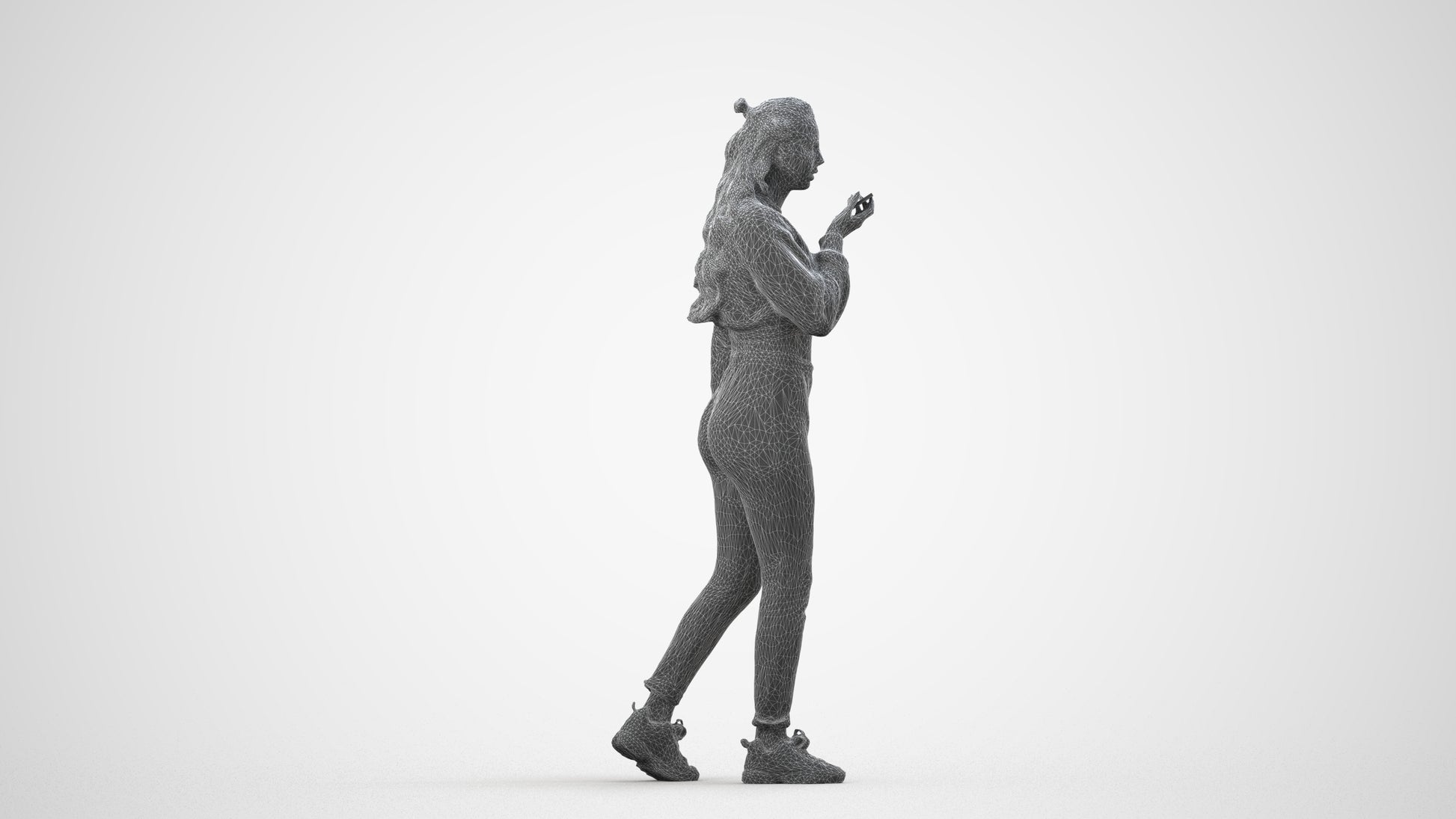 3D human model woman sport, photogrammetry scanned person for archviz, wireframe side view