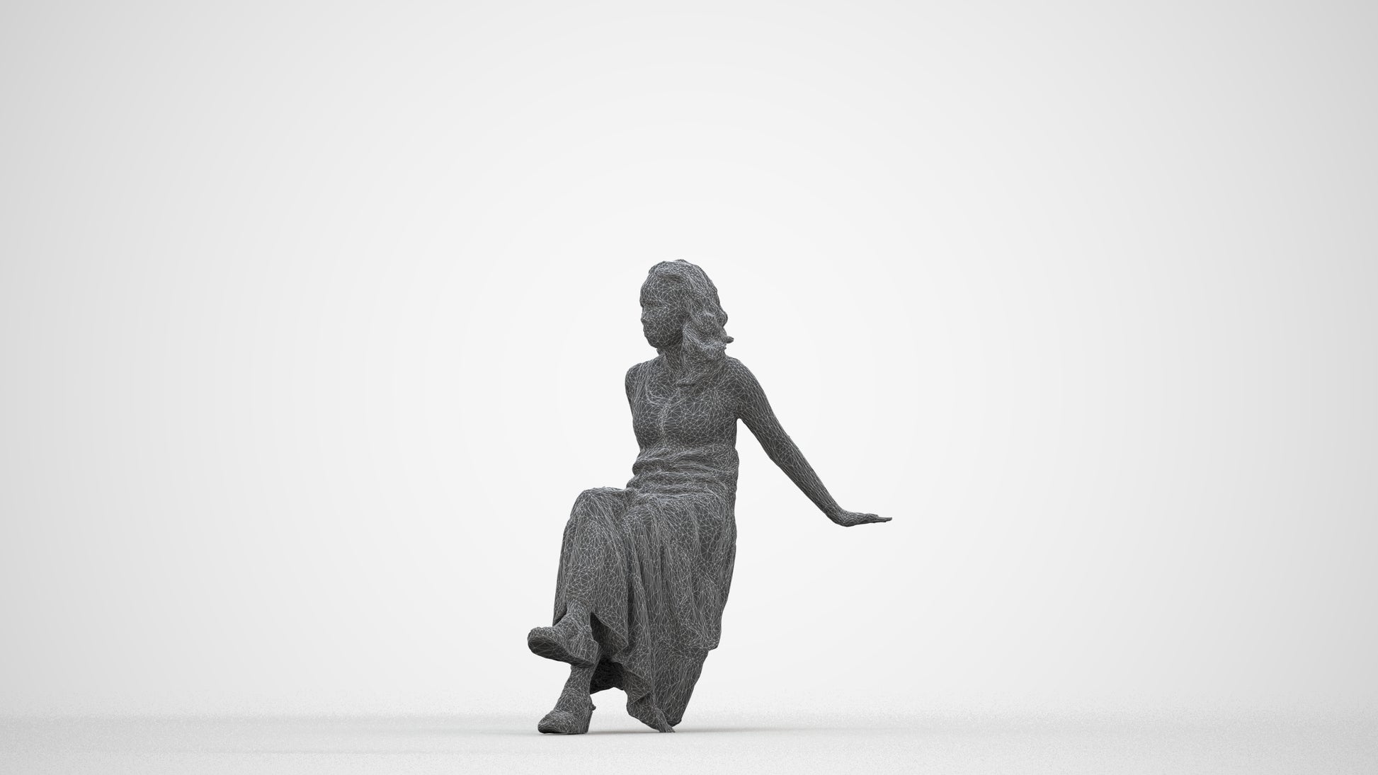 realistic 3D woman casual sitting, scanned archviz people for Blender and 3ds Max, wireframe back view