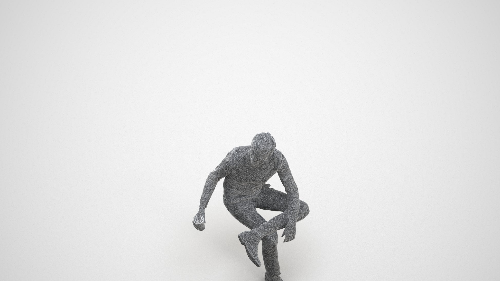 realistic 3D man casual sitting, scanned archviz people for Blender and 3ds Max, wireframe three-quarter view