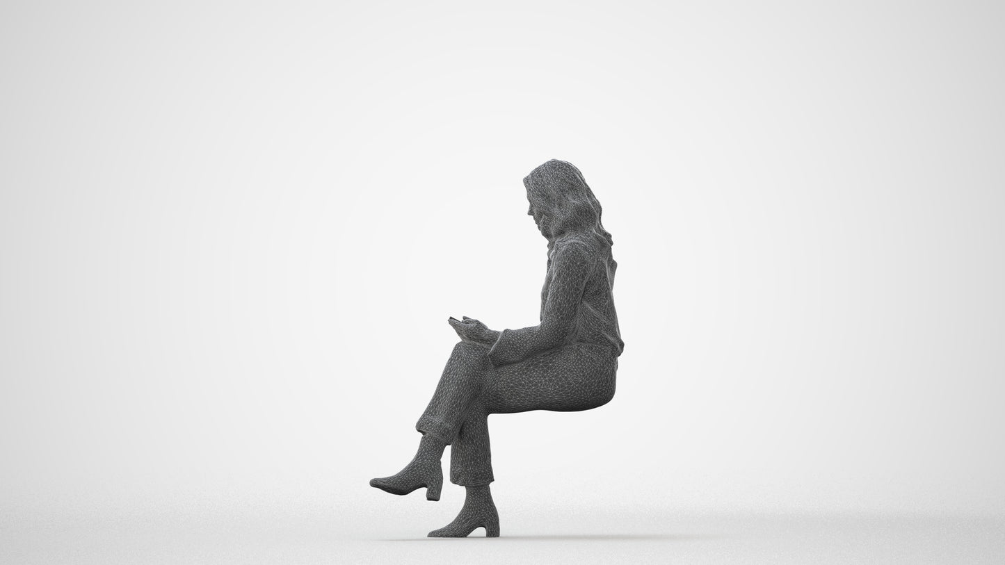 3D human model woman business sitting, photogrammetry scanned person for archviz, square thumbnail