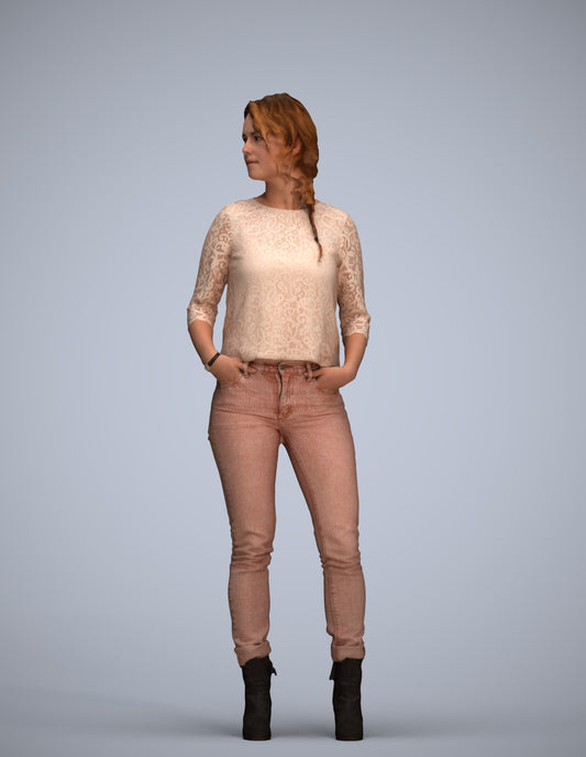 scanned 3D woman casual standing, photogrammetry people for Enscape and V-Ray