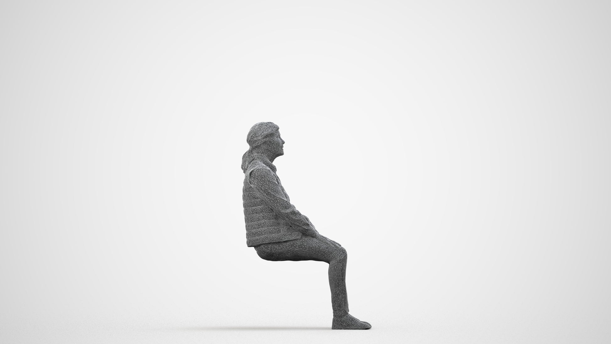 3D people model senior woman casual sitting, scanned human for 3ds Max rendering, wireframe side view