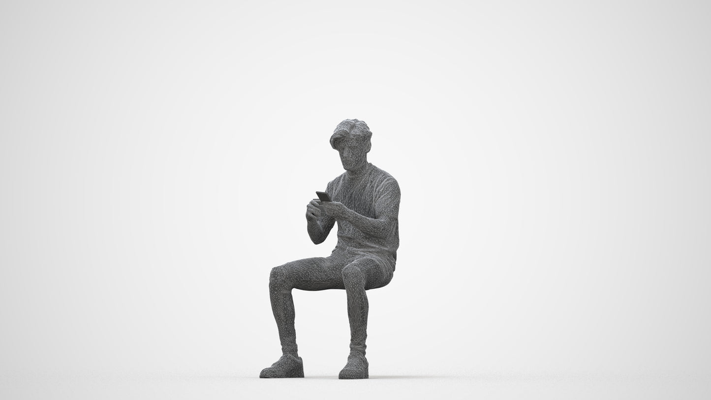 3D human model man casual sitting, photogrammetry scanned person for archviz, wireframe back view