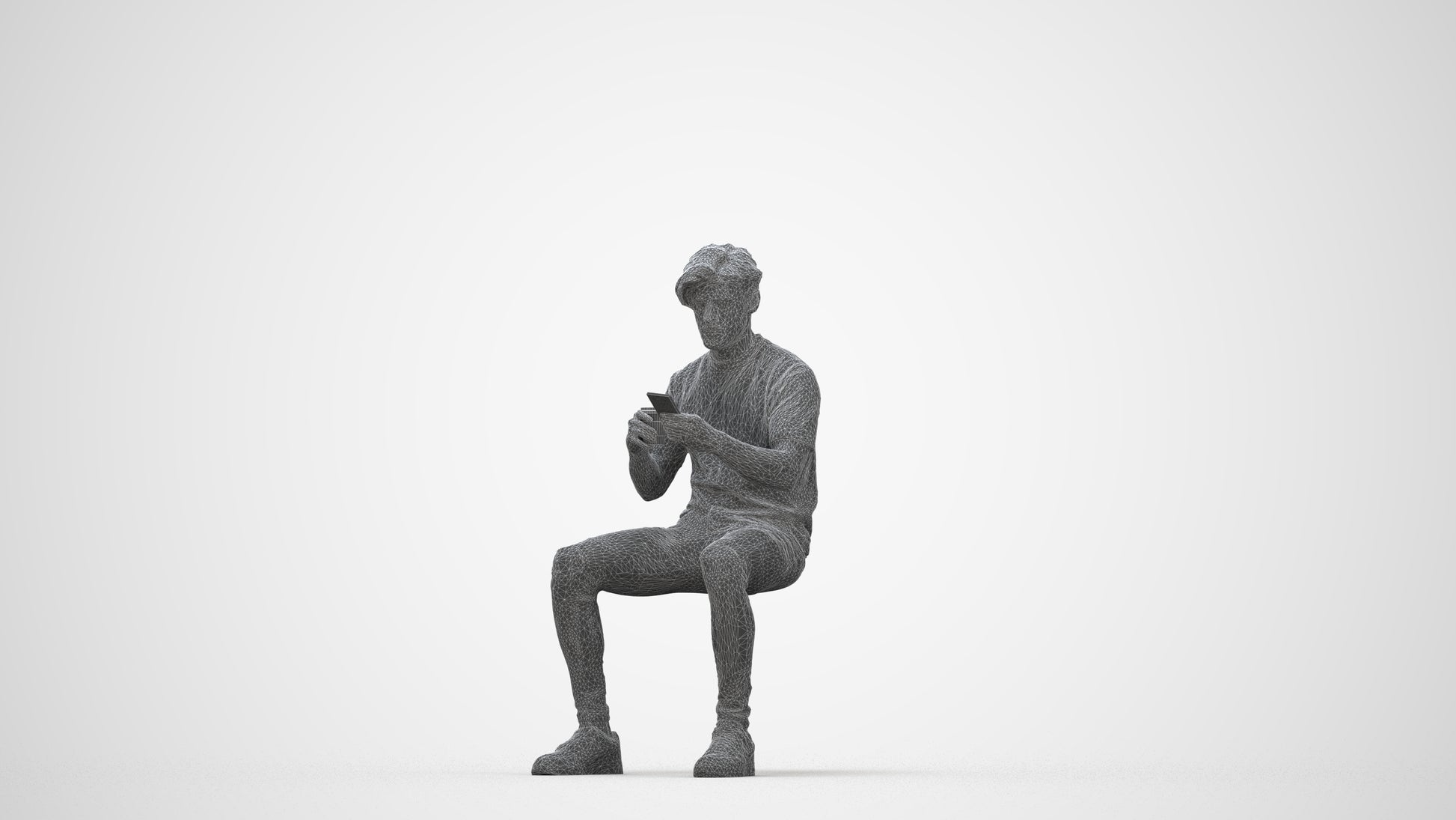 3D human model man casual sitting, photogrammetry scanned person for archviz, wireframe back view