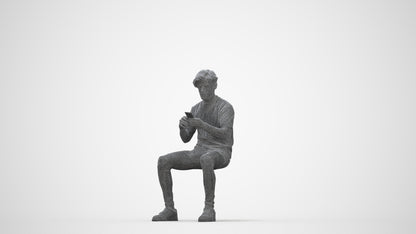 3D human model man casual sitting, photogrammetry scanned person for archviz, wireframe back view