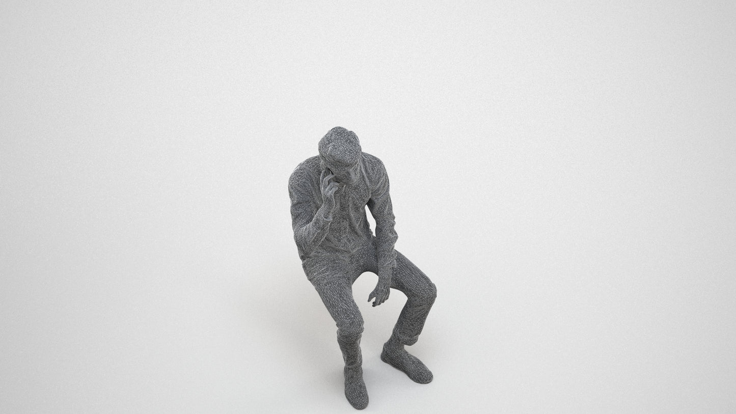 3D people model man casual sitting, scanned human for 3ds Max rendering, wireframe three-quarter view