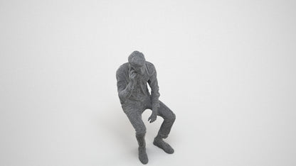 3D people model man casual sitting, scanned human for 3ds Max rendering, wireframe three-quarter view