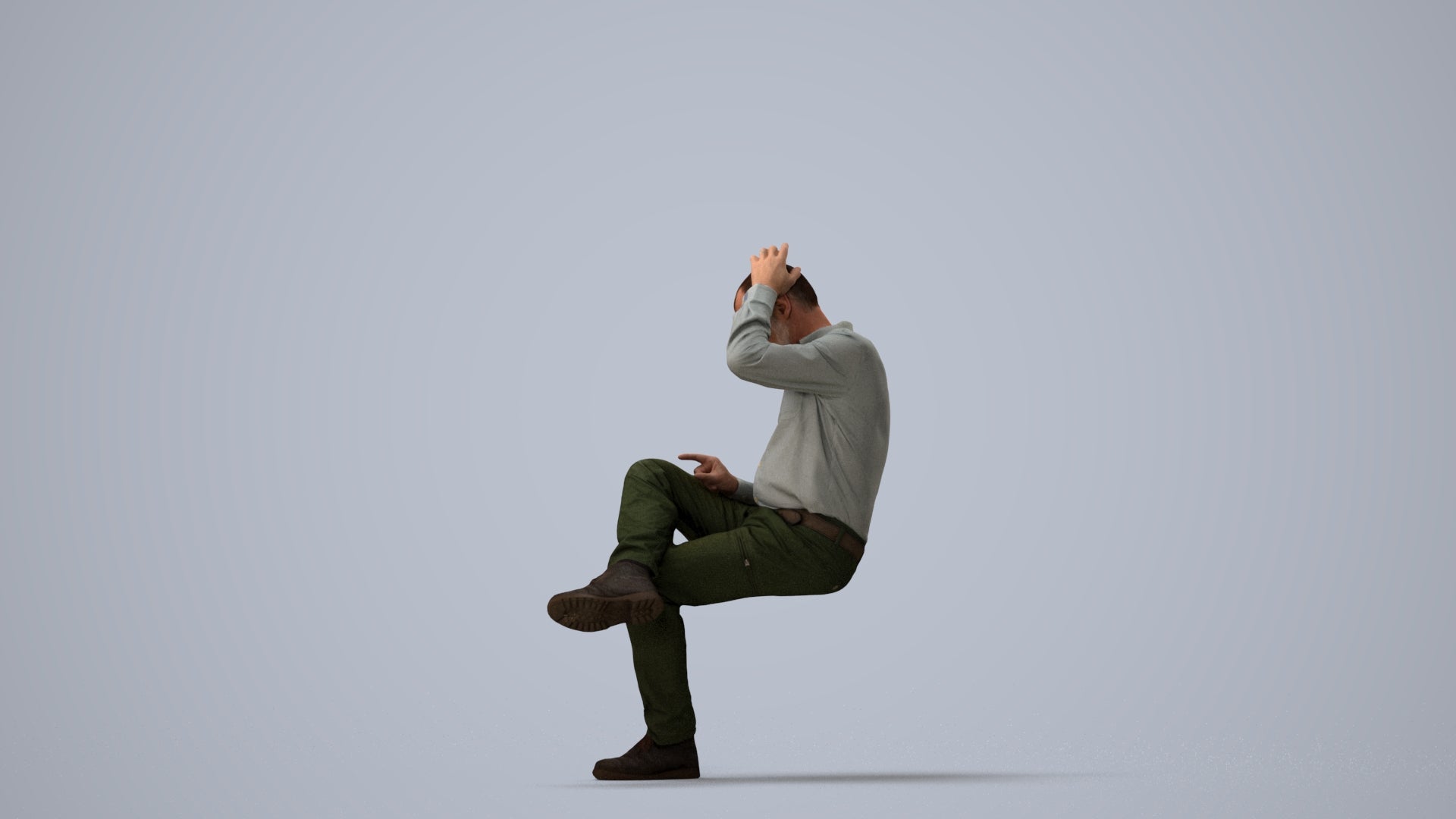 photogrammetry 3D senior man casual sitting, realistic human model archviz FBX, three-quarter view render