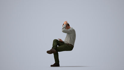 photogrammetry 3D senior man casual sitting, realistic human model archviz FBX, three-quarter view render