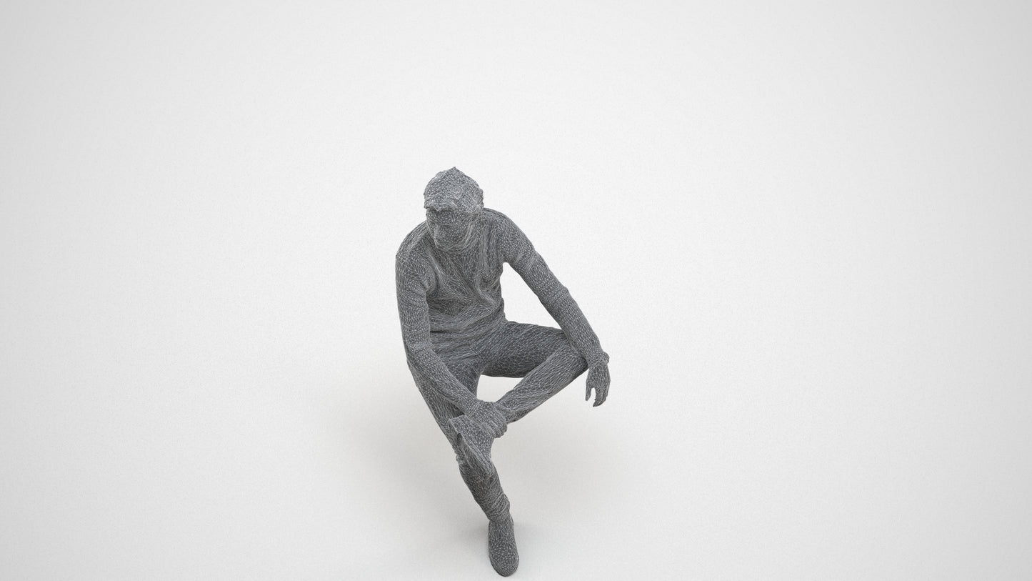 3D people model man casual sitting, scanned human for 3ds Max rendering, wireframe three-quarter view