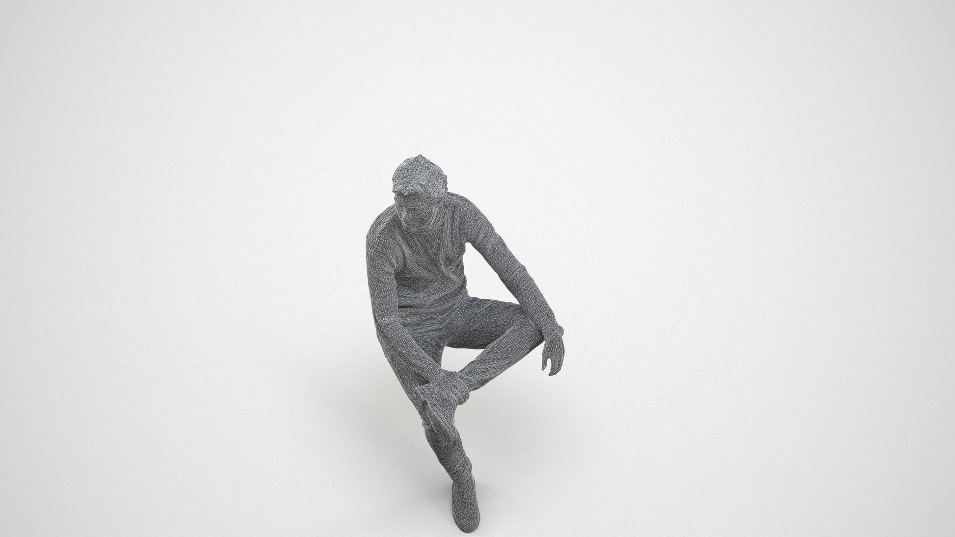 3D people model man casual sitting, scanned human for 3ds Max rendering, wireframe three-quarter view