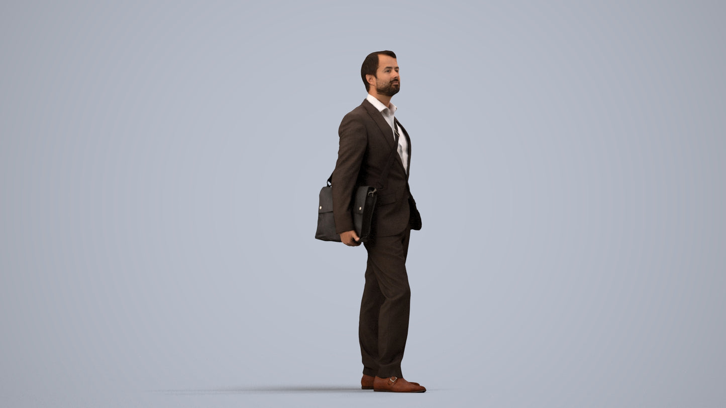 3D human model man business, photogrammetry scanned person for archviz, side view render