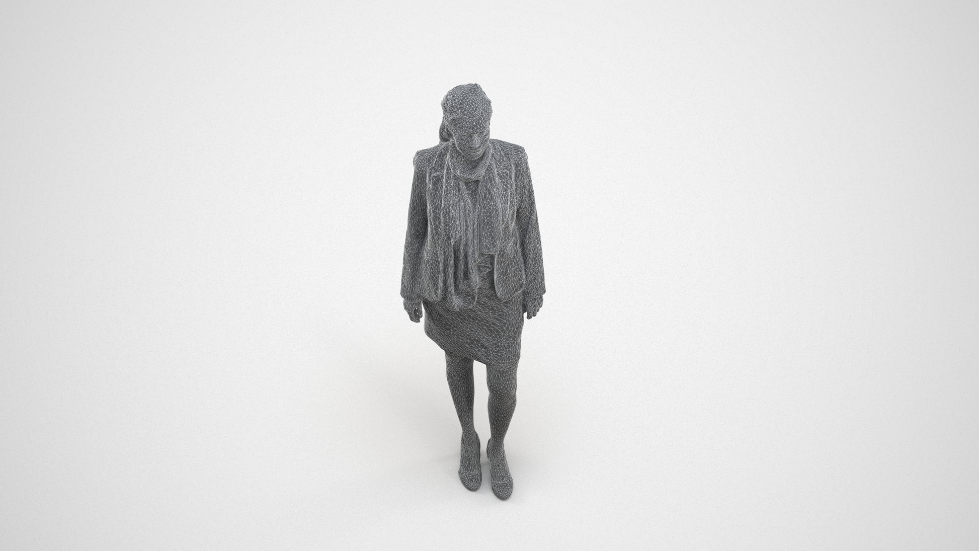 realistic 3D human woman business, archviz people FBX OBJ for Blender, wireframe three-quarter view