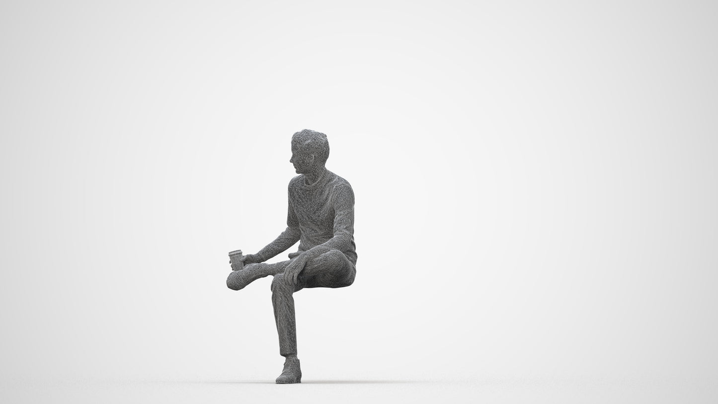 realistic 3D man casual sitting, scanned archviz people for Blender and 3ds Max, wireframe back view