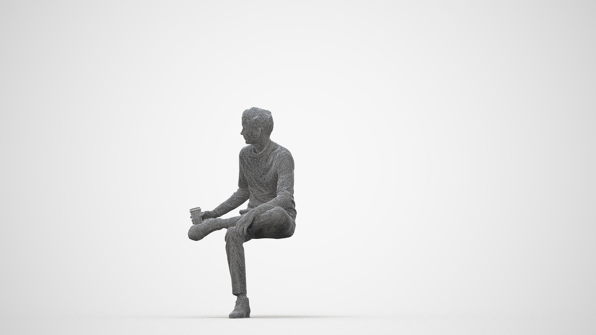 realistic 3D man casual sitting, scanned archviz people for Blender and 3ds Max, wireframe back view