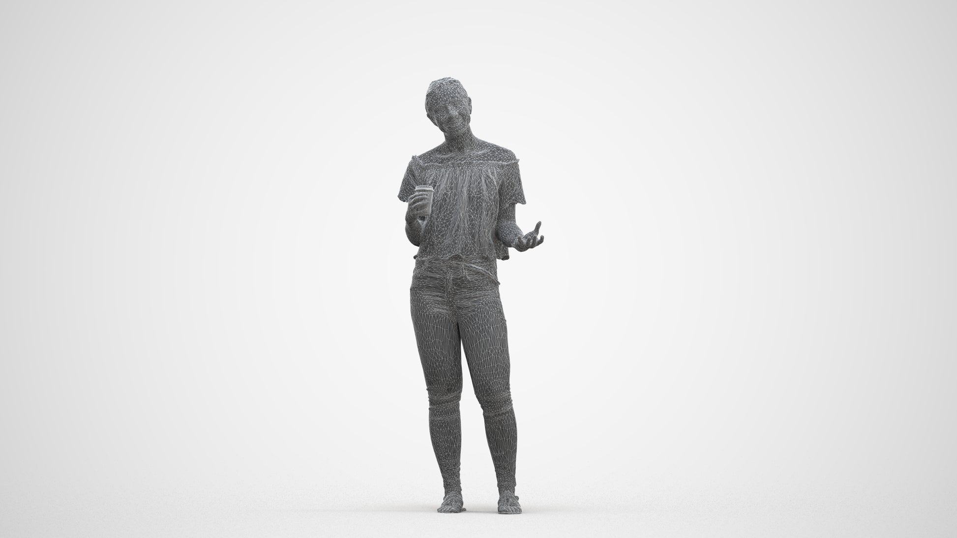 3D scanned woman standing casual, photorealistic archviz people for Enscape and SketchUp, three-quarter front view render