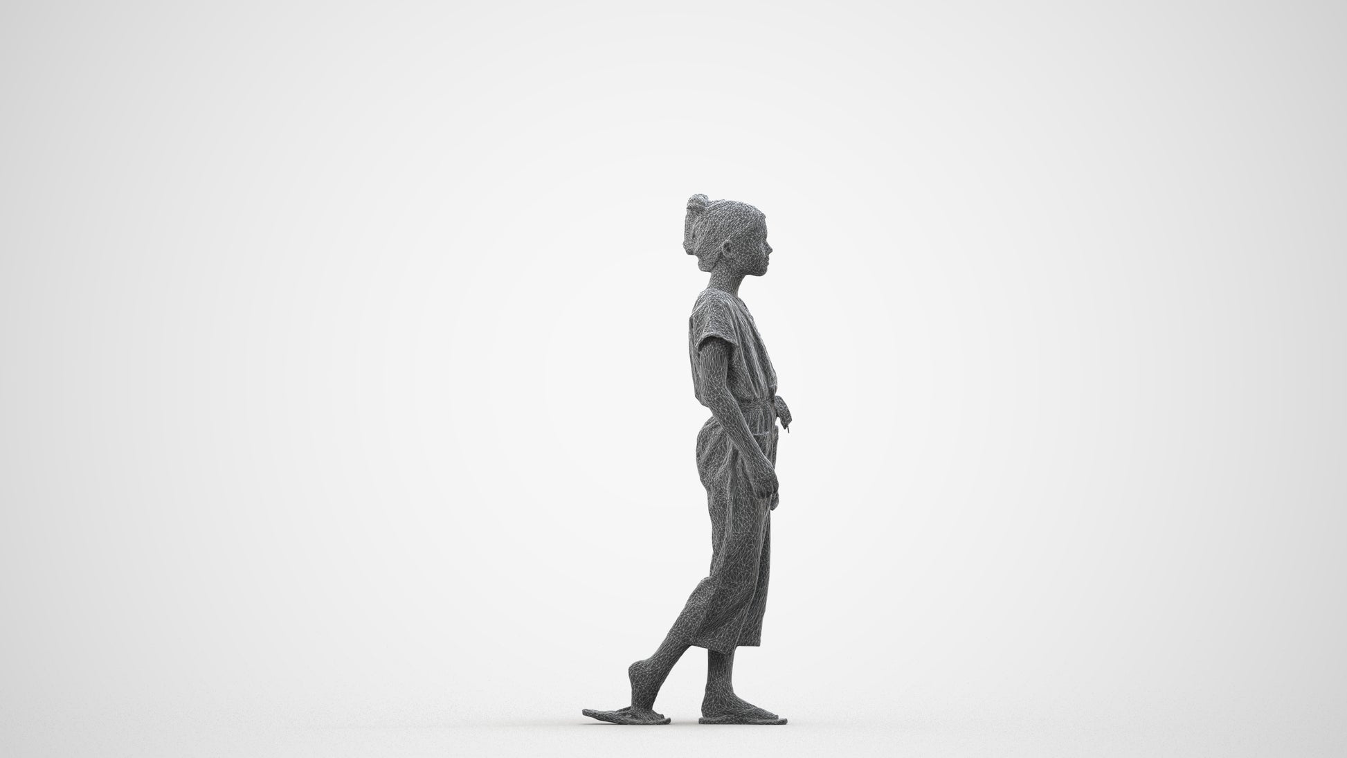 3D people model girl kids, scanned human for 3ds Max rendering, wireframe side view