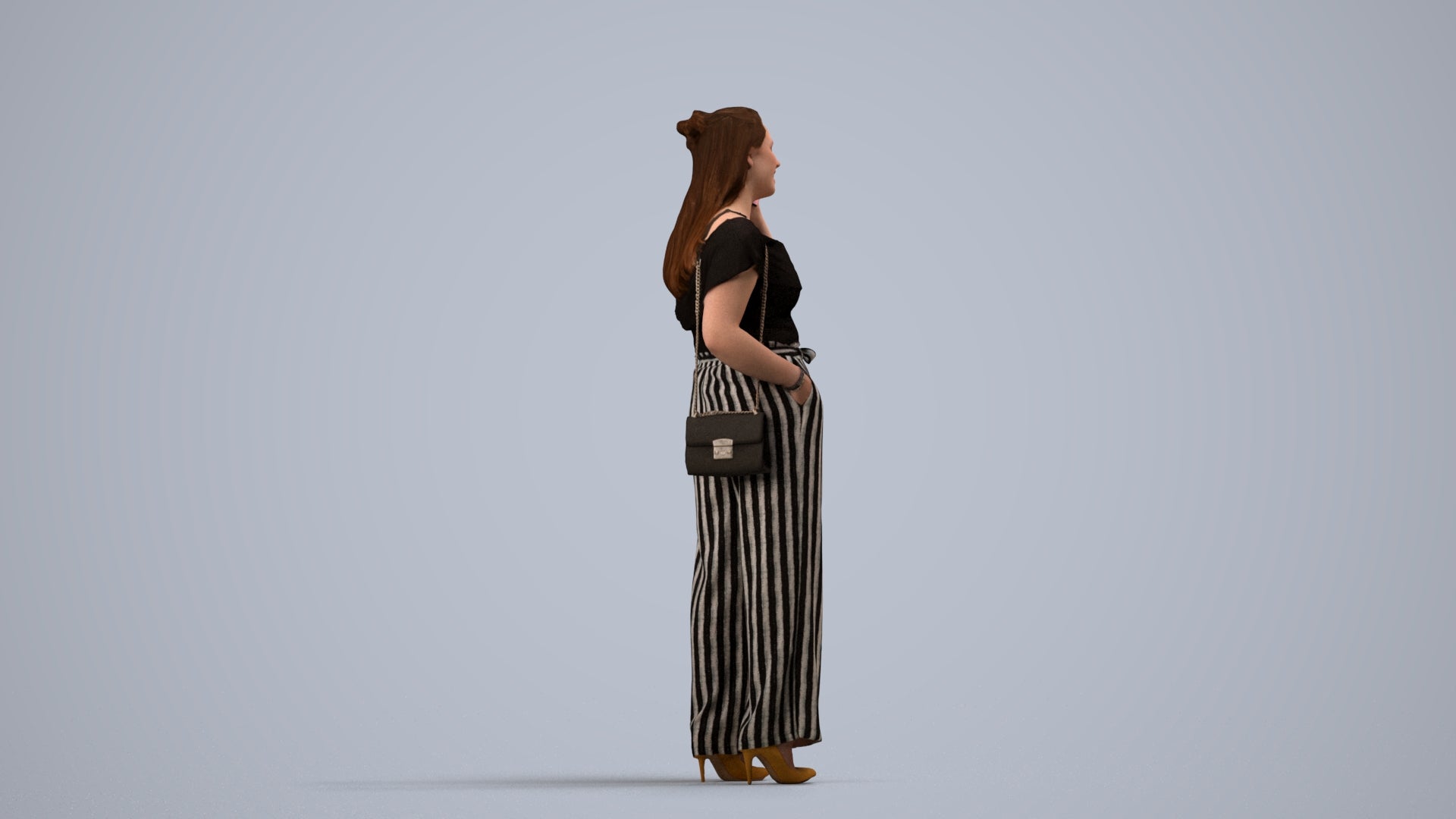 realistic 3D people woman casual standing, render-ready for V-Ray and Corona, FBX OBJ, side view render