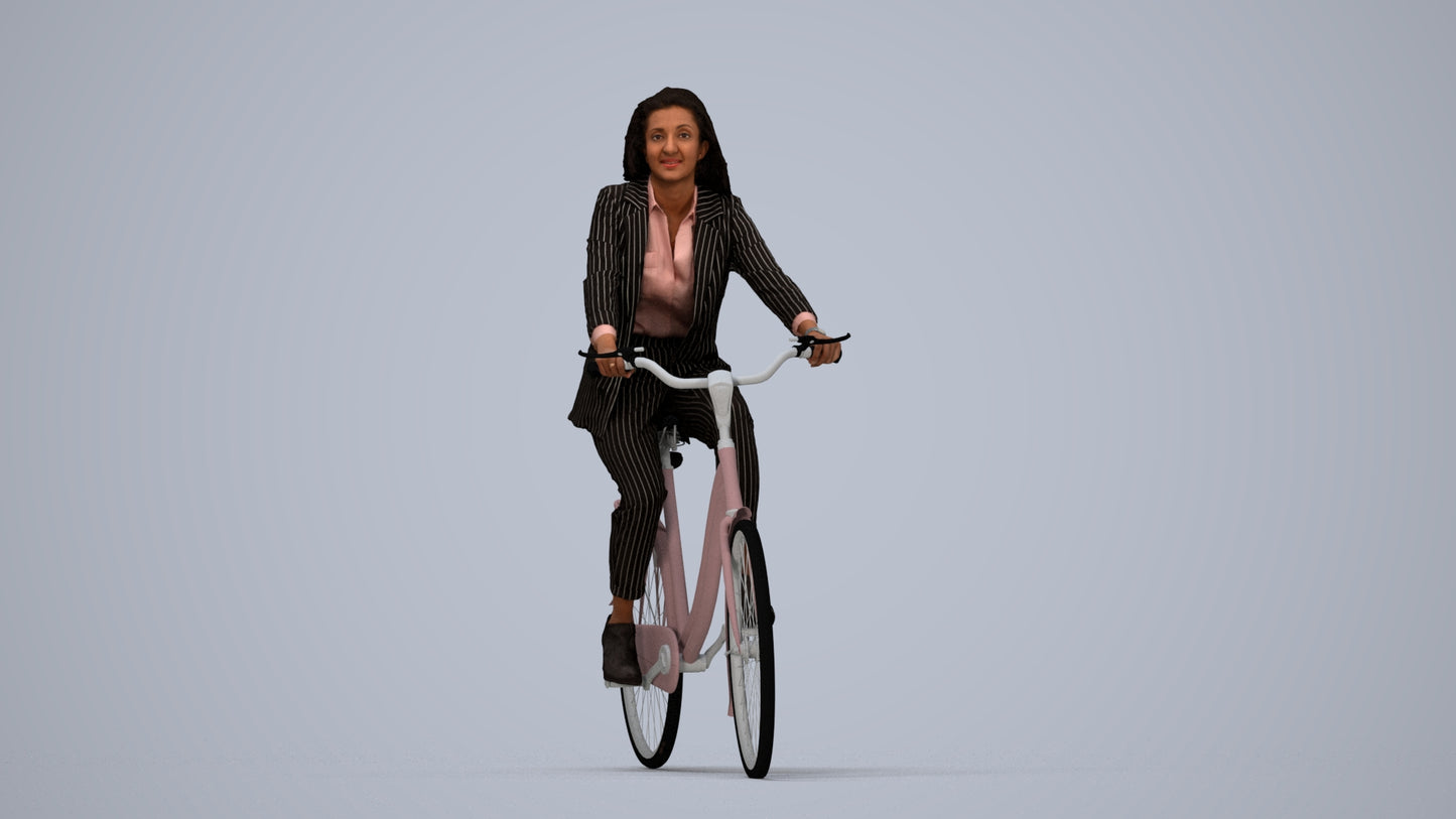 photogrammetry 3D woman business cycling, realistic human model archviz FBX, top-down view render