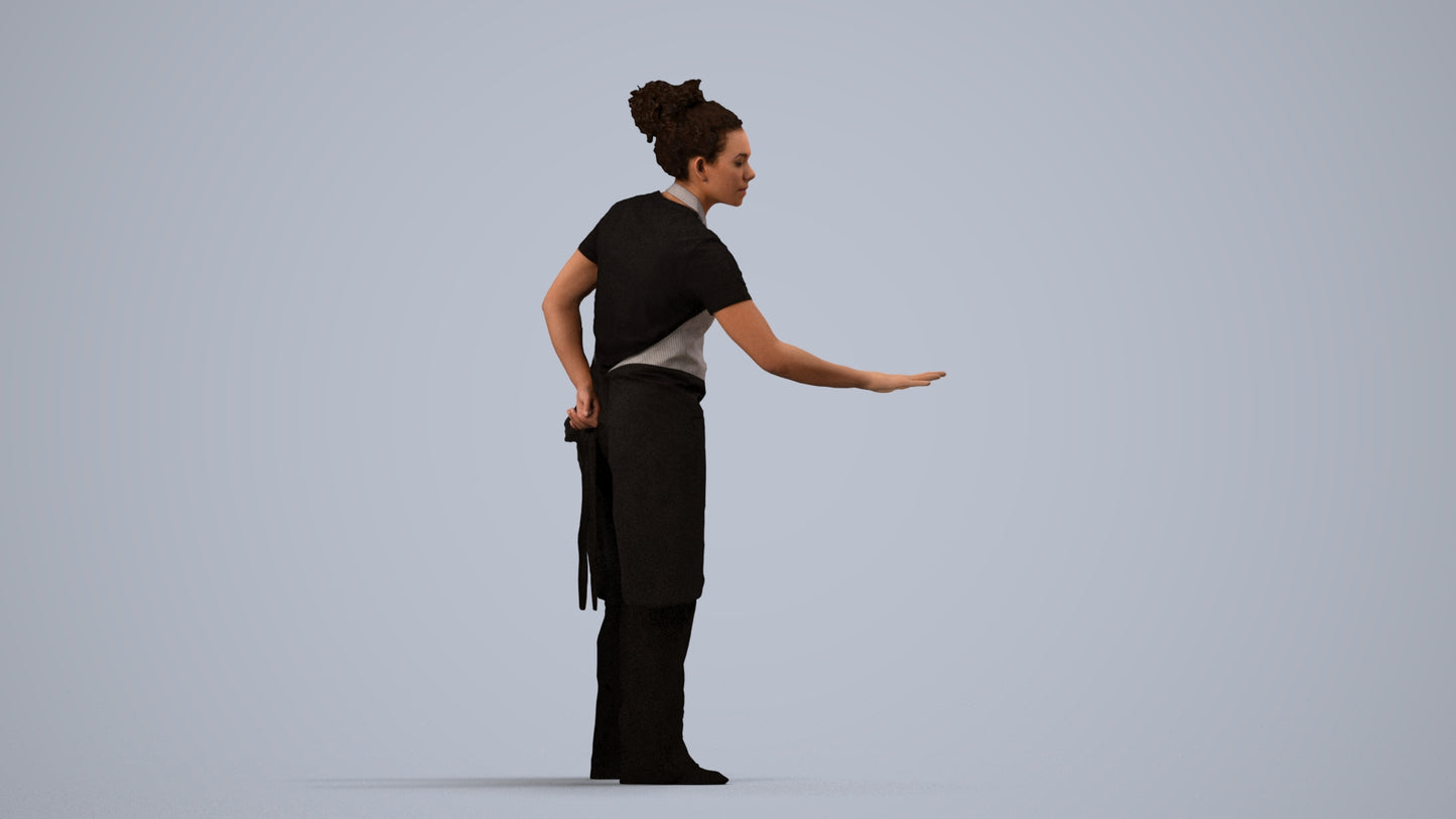 realistic 3D people woman hospitality, render-ready for V-Ray and Corona, FBX OBJ, side view render
