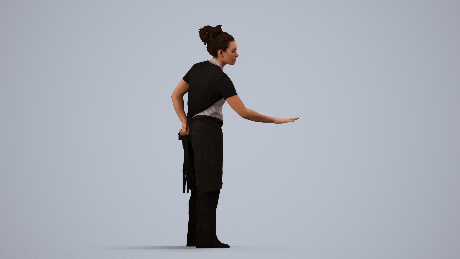 realistic 3D people woman hospitality, render-ready for V-Ray and Corona, FBX OBJ, side view render
