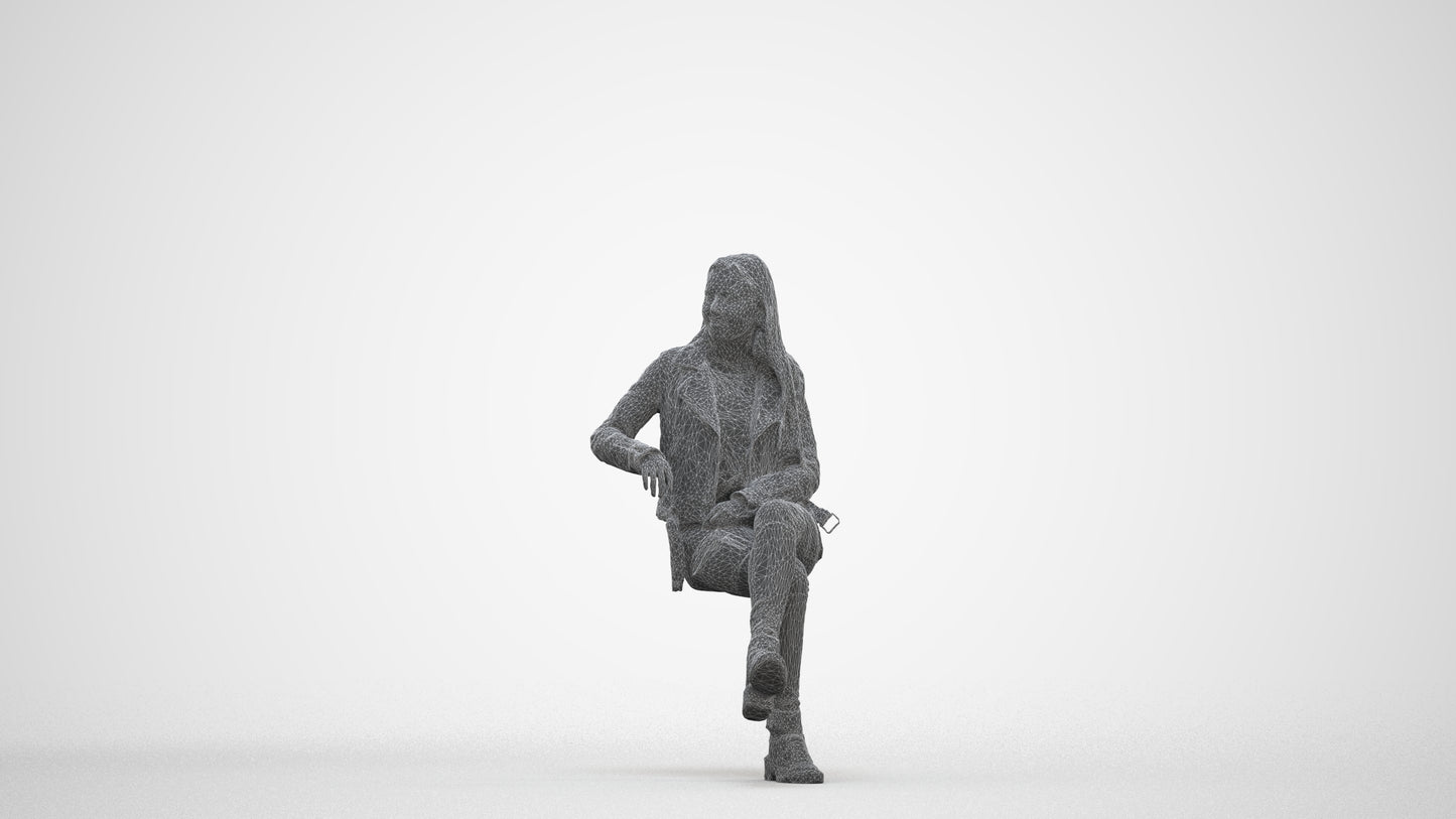 3D scanned woman sitting casual, photorealistic archviz people for Enscape and SketchUp, three-quarter front view render