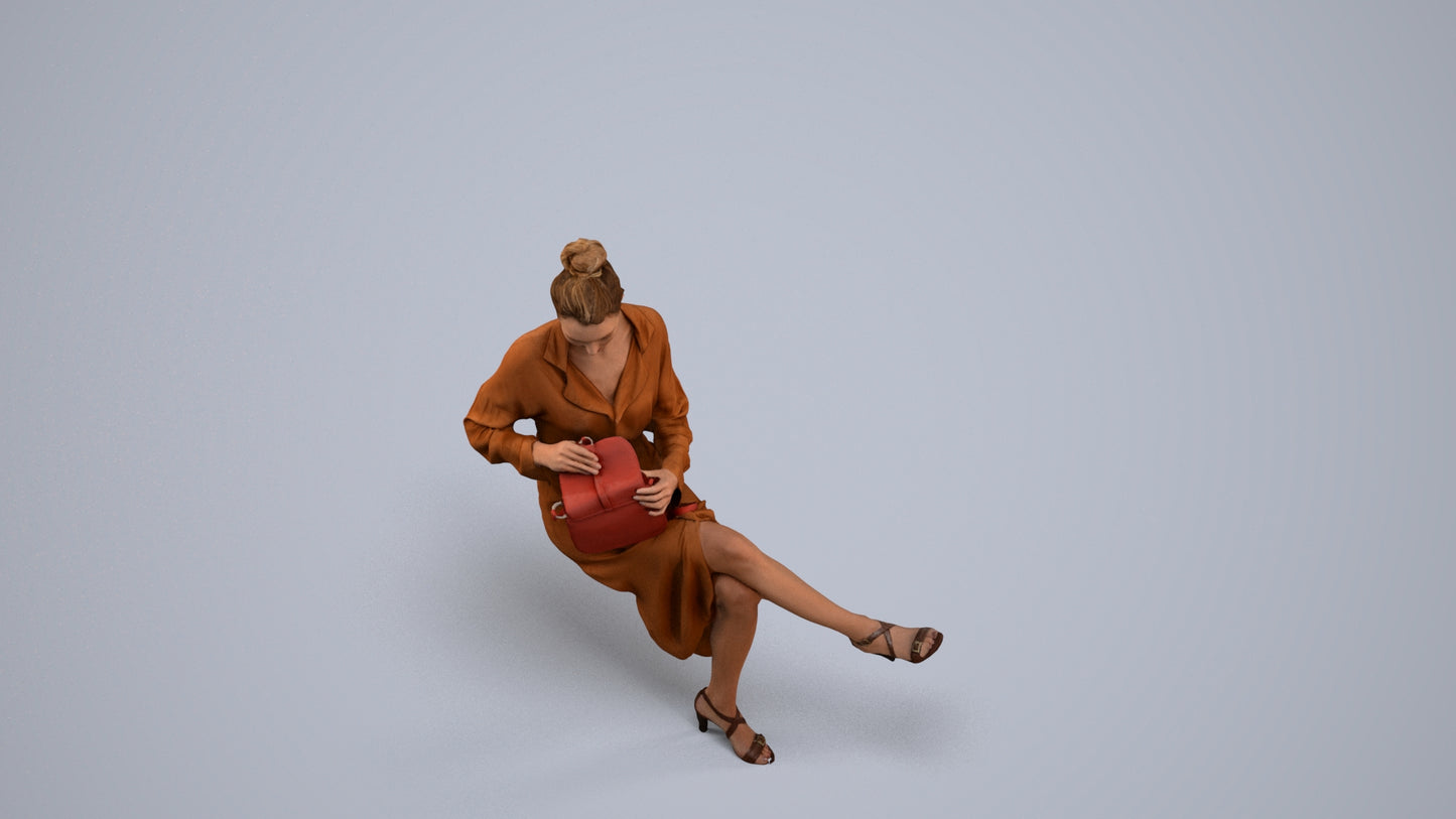 realistic 3D woman casual sitting, scanned archviz people for Blender and 3ds Max, back view render