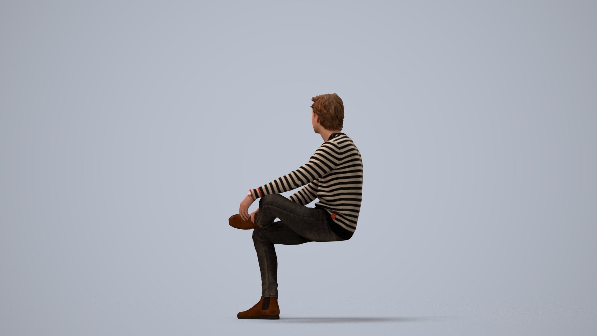 3D people model man casual sitting, scanned human for 3ds Max rendering, three-quarter view render