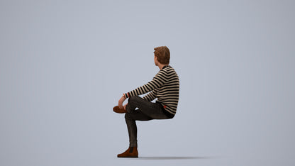 3D people model man casual sitting, scanned human for 3ds Max rendering, three-quarter view render