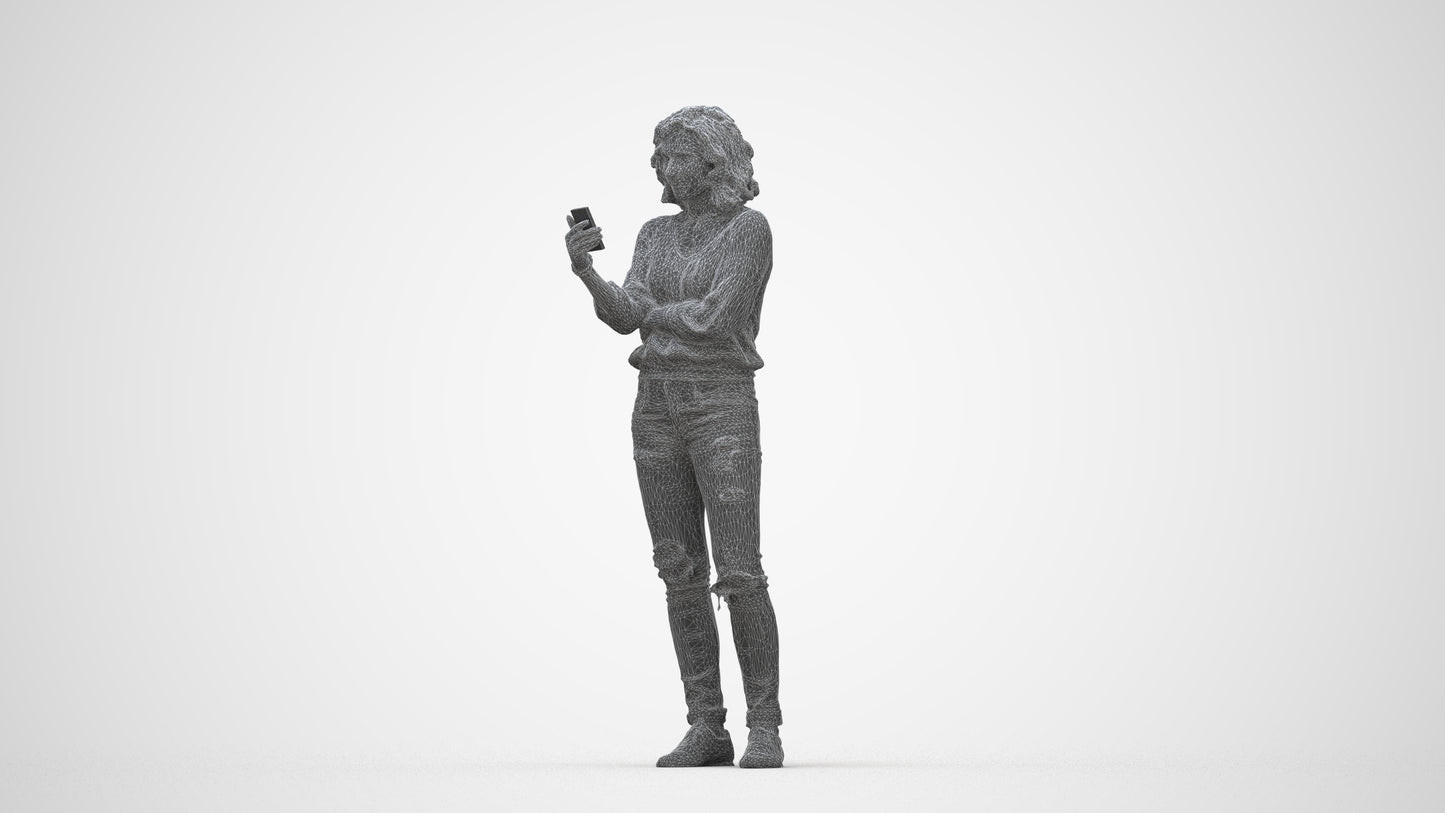 3D human model woman casual standing, photogrammetry scanned person for archviz, wireframe back view