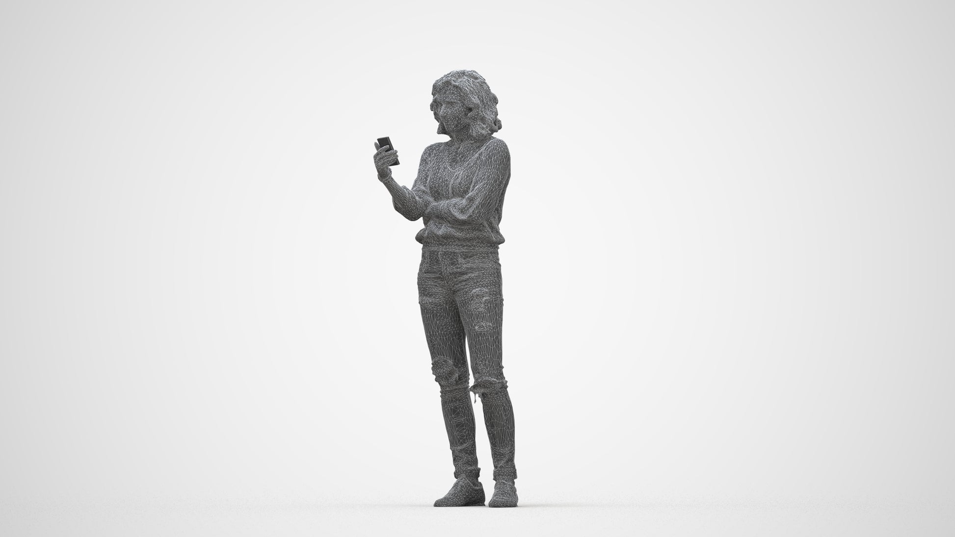 3D human model woman casual standing, photogrammetry scanned person for archviz, wireframe back view