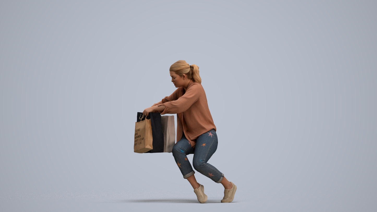 3D human model woman casual shopping, photogrammetry scanned person for archviz, standing pose render
