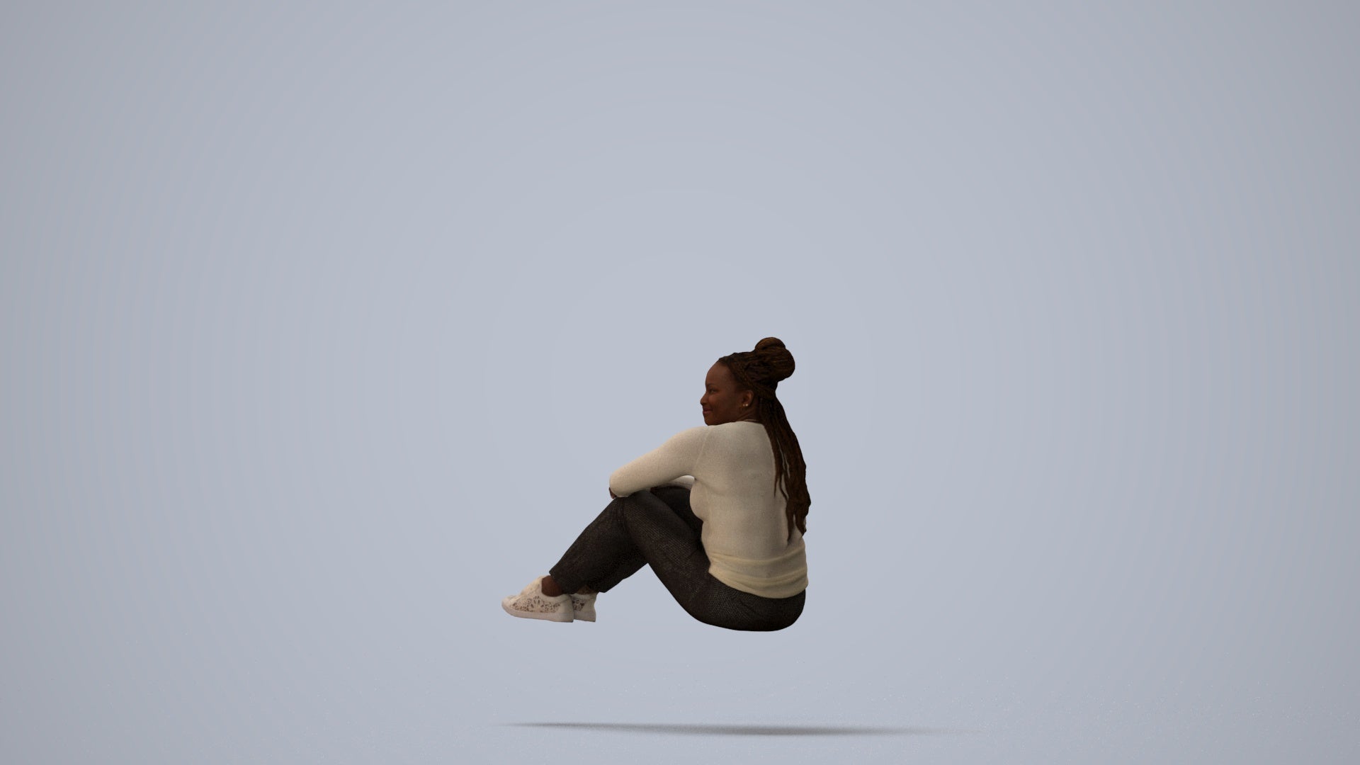 photogrammetry 3D woman casual sitting, realistic human model archviz FBX, three-quarter view render
