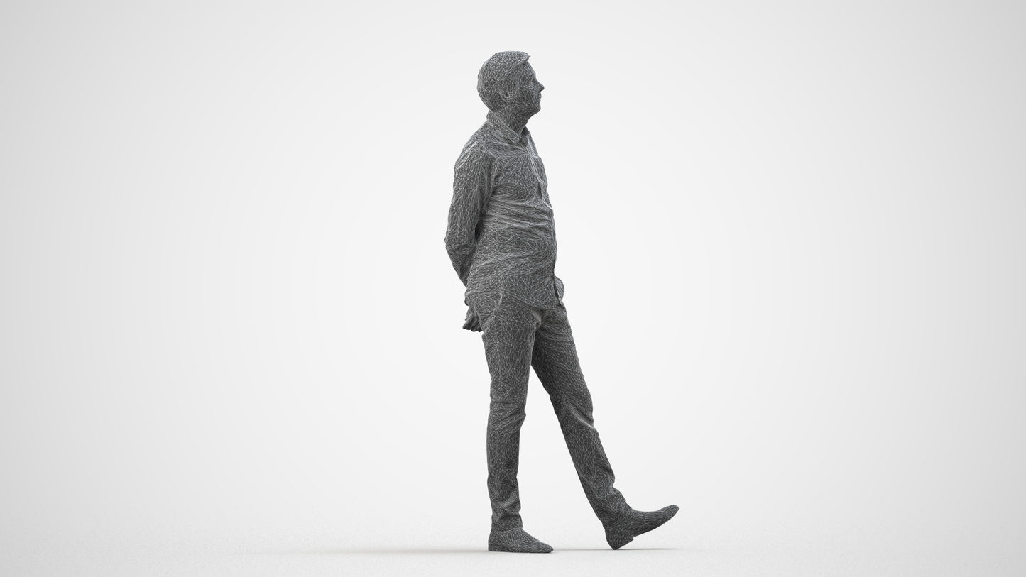 photogrammetry 3D man business standing, realistic human model archviz FBX, wireframe side view
