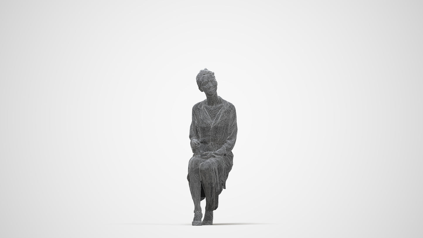 3D scanned woman sitting business, photorealistic archviz people for Enscape and SketchUp, wireframe back view