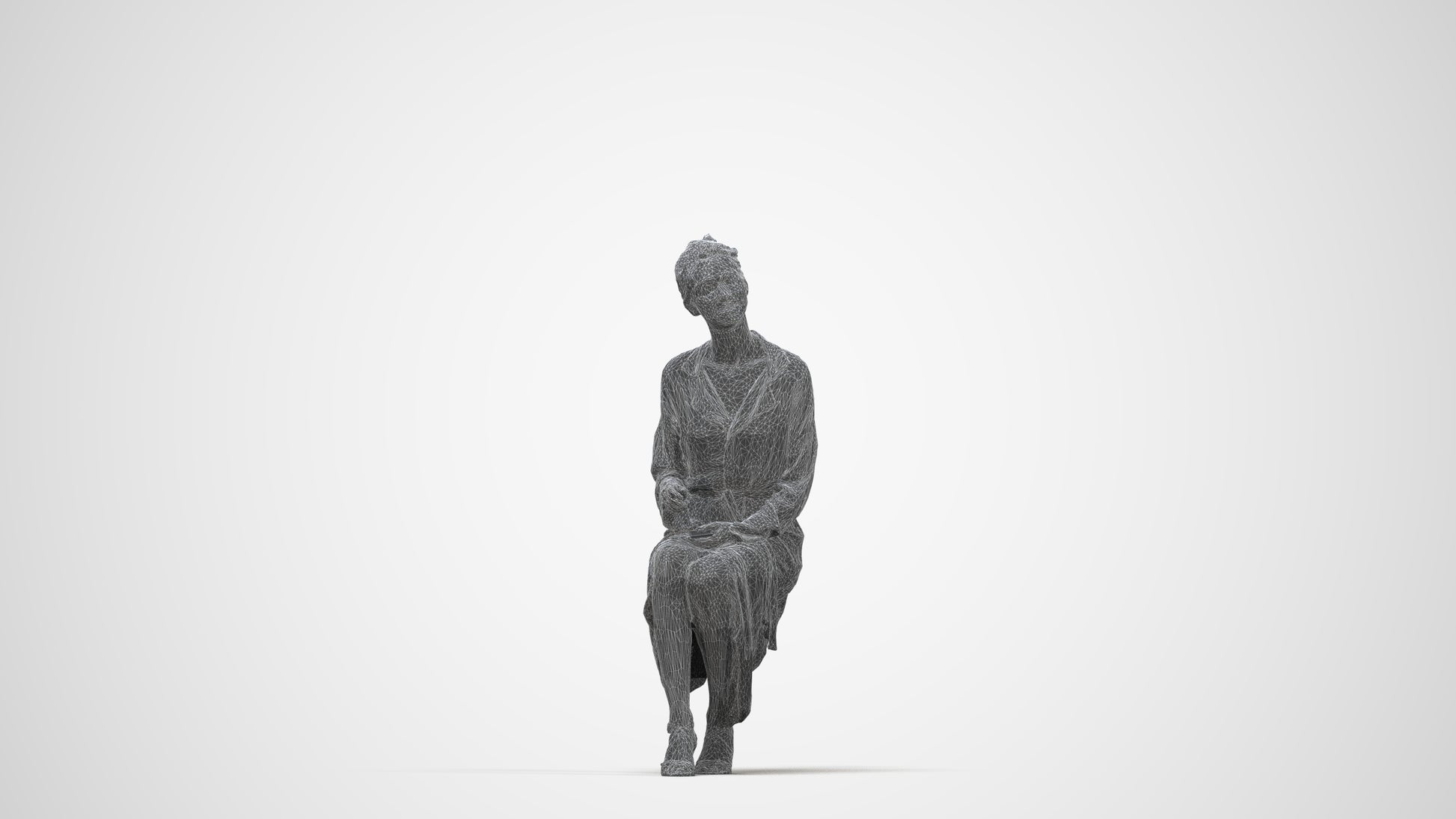 3D scanned woman sitting business, photorealistic archviz people for Enscape and SketchUp, wireframe back view