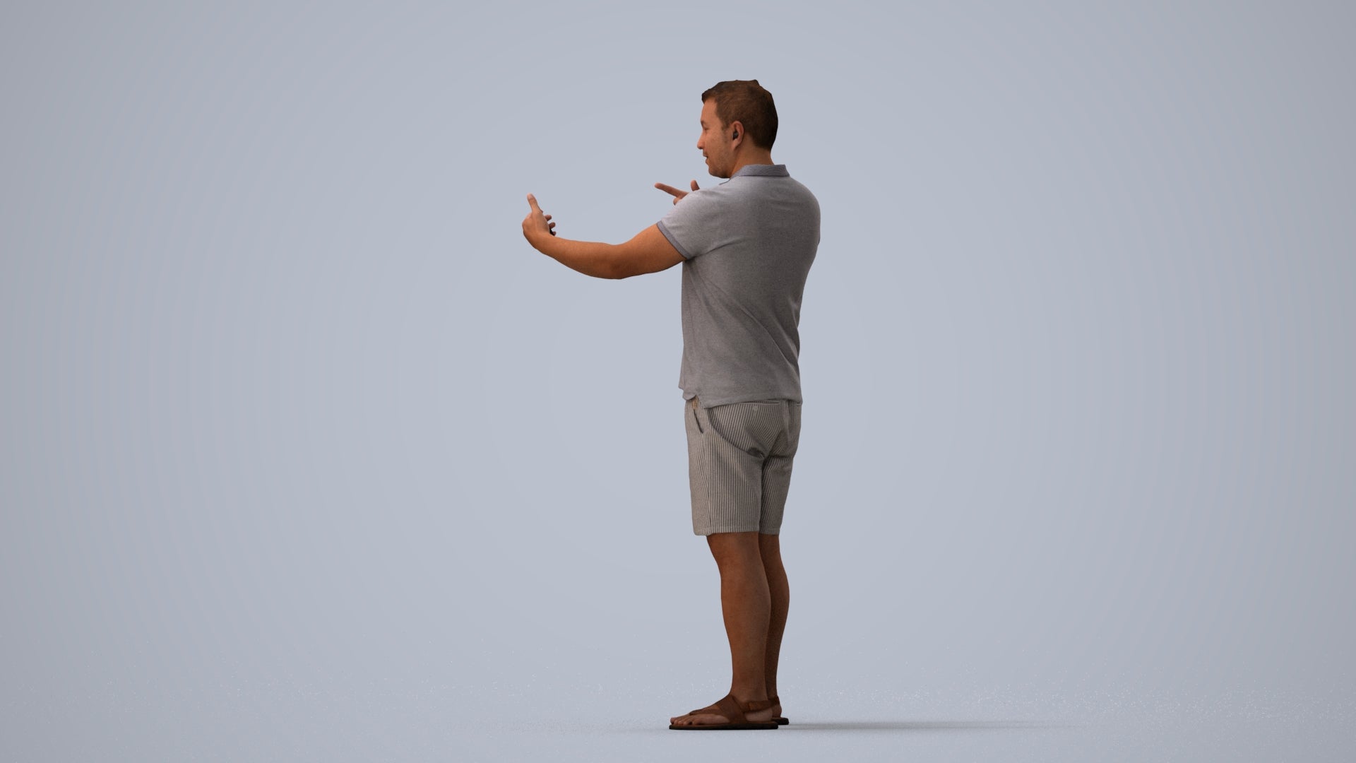 3D human model man casual standing, photogrammetry scanned person for archviz, three-quarter view render