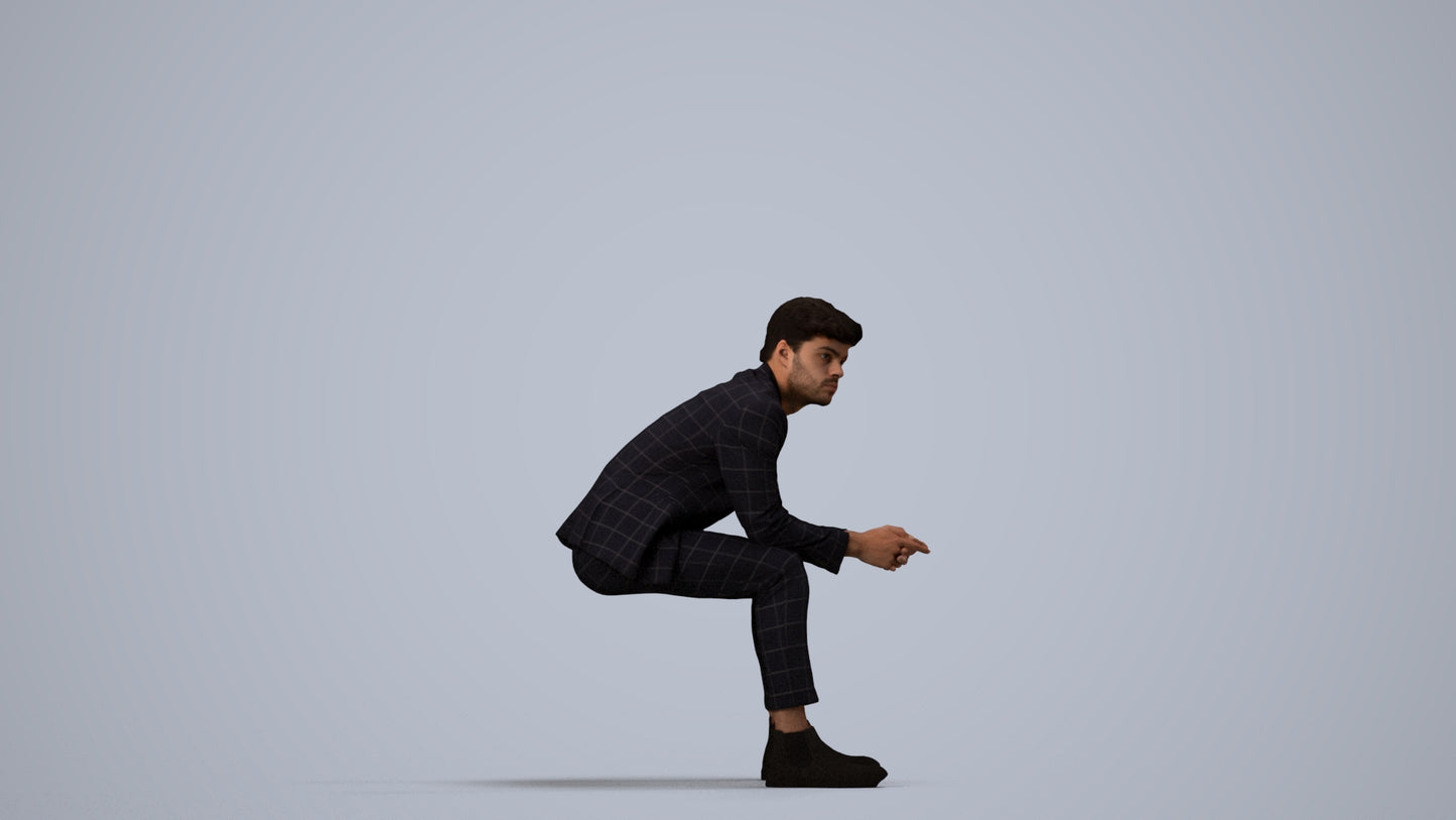 photogrammetry 3D man business sitting, realistic human model archviz FBX, side view render