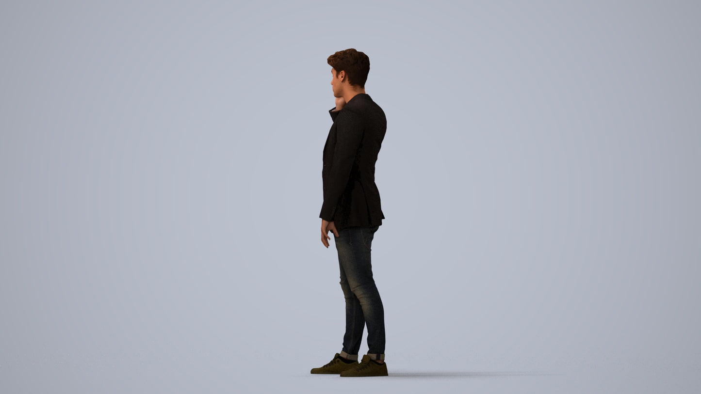 realistic 3D human man casual standing, archviz people FBX OBJ for Blender, three-quarter view render