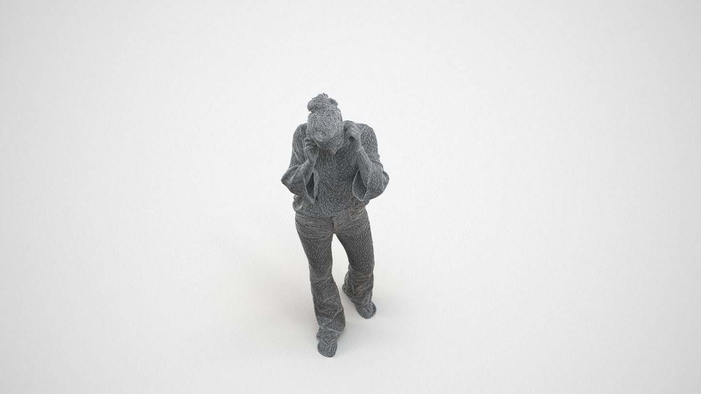 realistic 3D woman casual walking, scanned archviz people for Blender and 3ds Max, wireframe three-quarter view