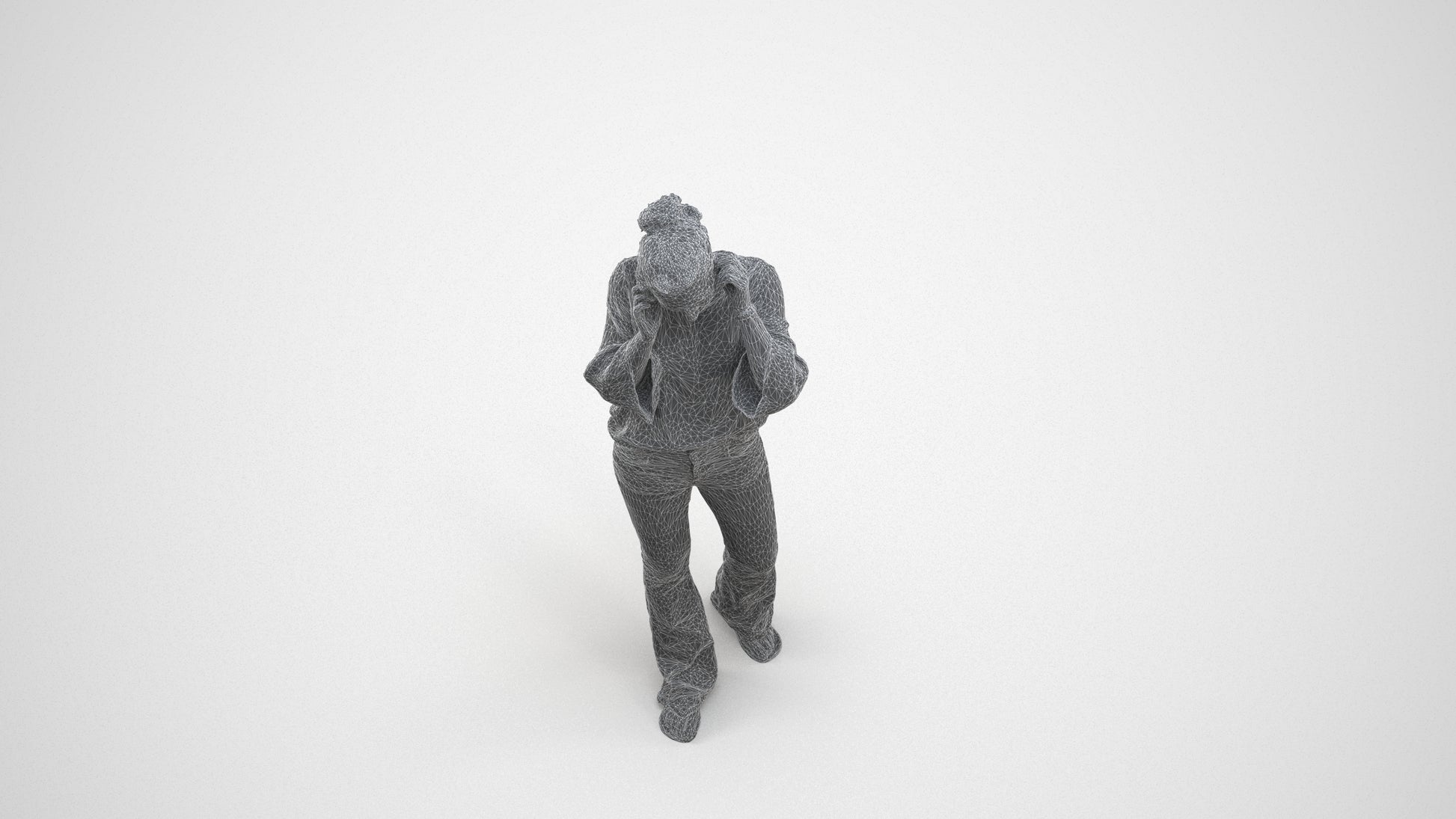 realistic 3D woman casual walking, scanned archviz people for Blender and 3ds Max, wireframe three-quarter view
