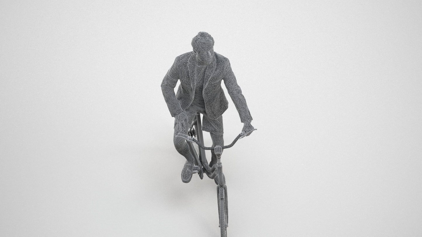 3D scanned man cycling business, photorealistic archviz people for Enscape and SketchUp, wireframe three-quarter view