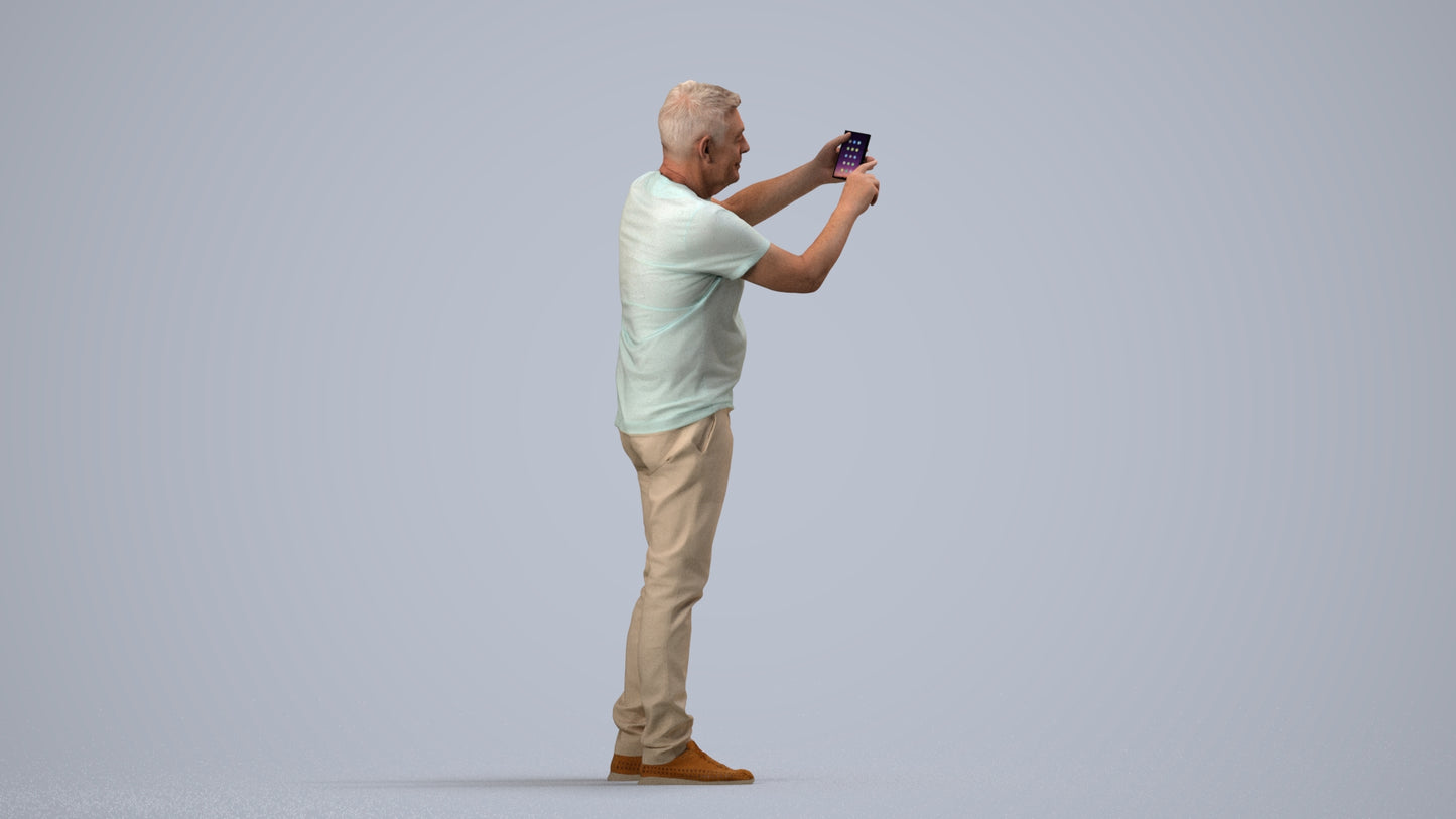 3D human model senior man casual standing, photogrammetry scanned person for archviz, side view render