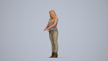 3D human model woman casual standing, photogrammetry scanned person for archviz, top-down view render