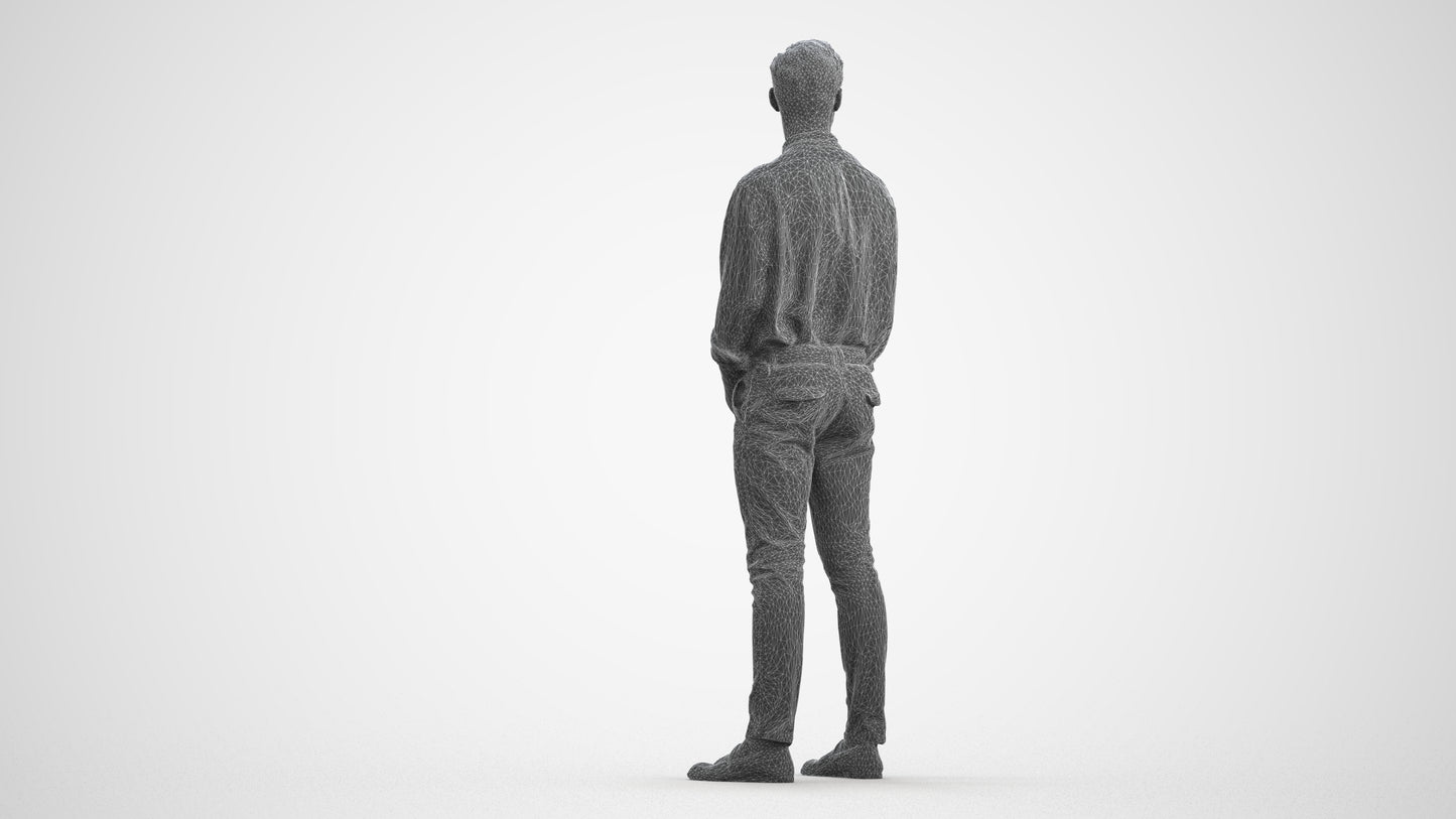 3D people model man casual standing, scanned human for 3ds Max rendering, wireframe front view