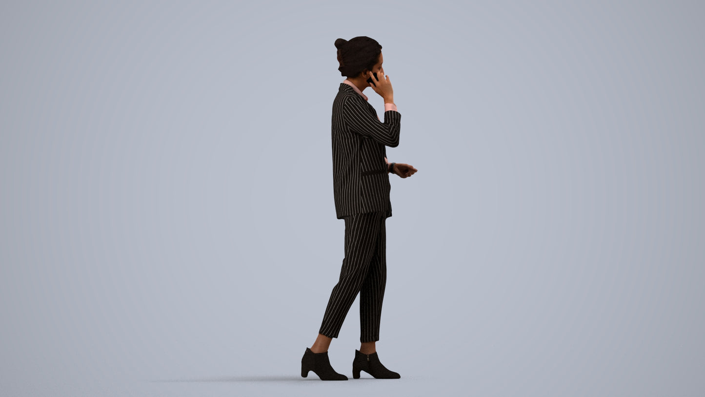 3D human model woman business, photogrammetry scanned person for archviz, side view render