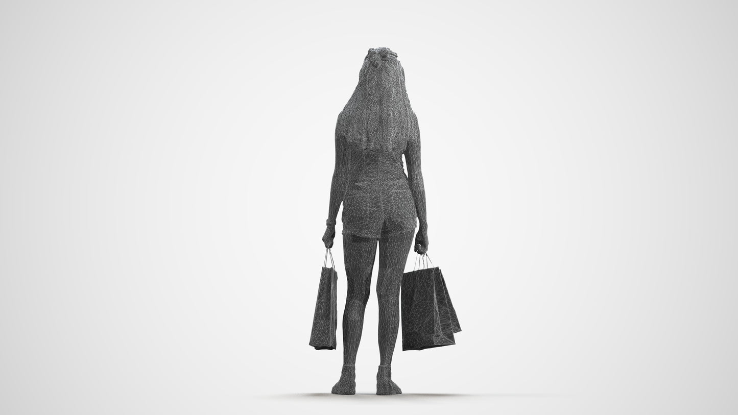 photogrammetry 3D woman casual shopping, realistic human model archviz FBX, wireframe front view