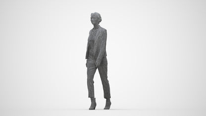 3D scanned woman walking business, photorealistic archviz people for Enscape and SketchUp, wireframe back view