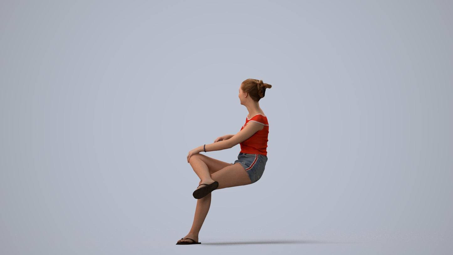 3D scanned girl sitting casual, photorealistic archviz people for Enscape and SketchUp, three-quarter view render